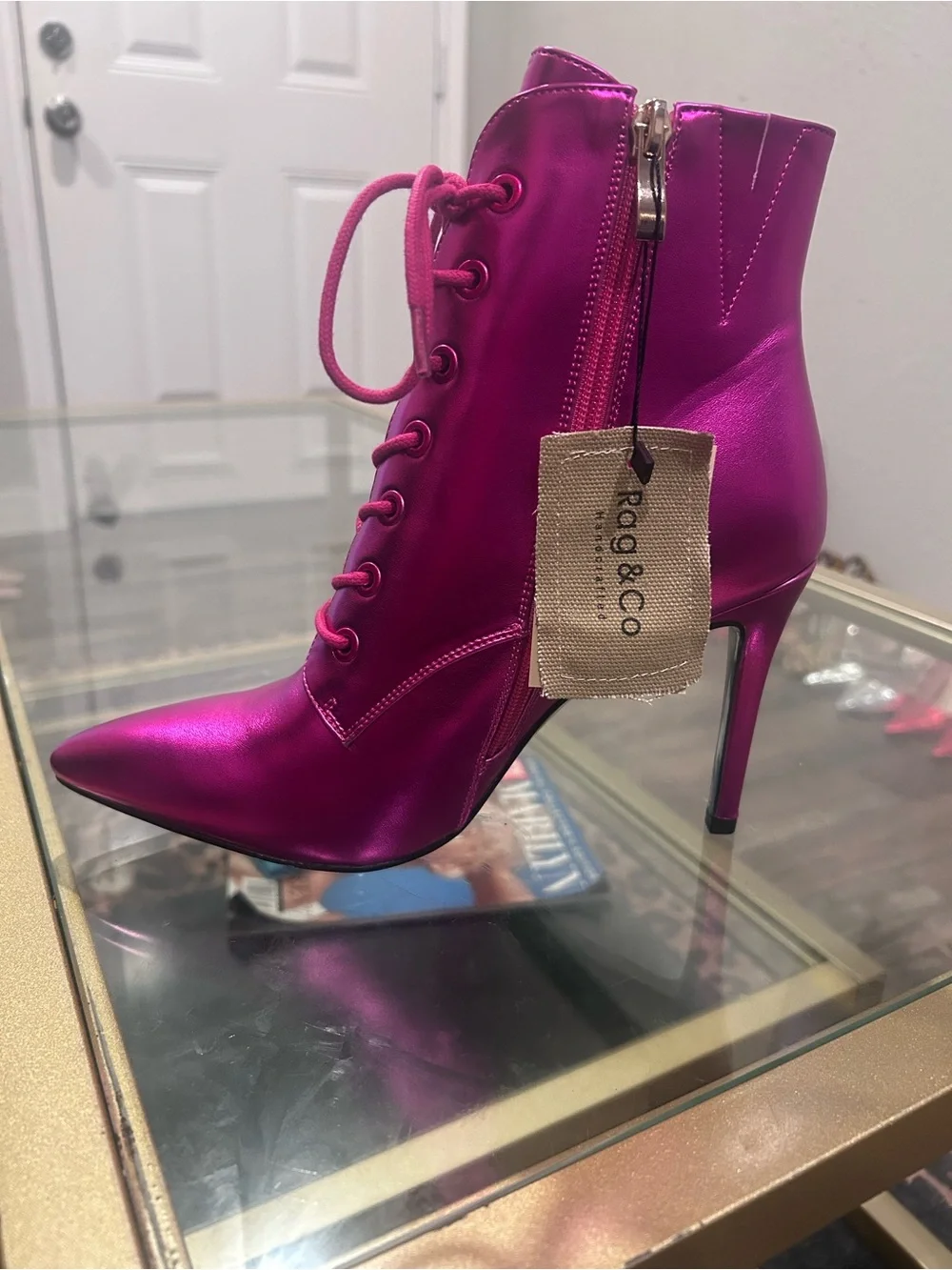 Metallic Fuchsia Lace-Up Pointed Ankle Boot